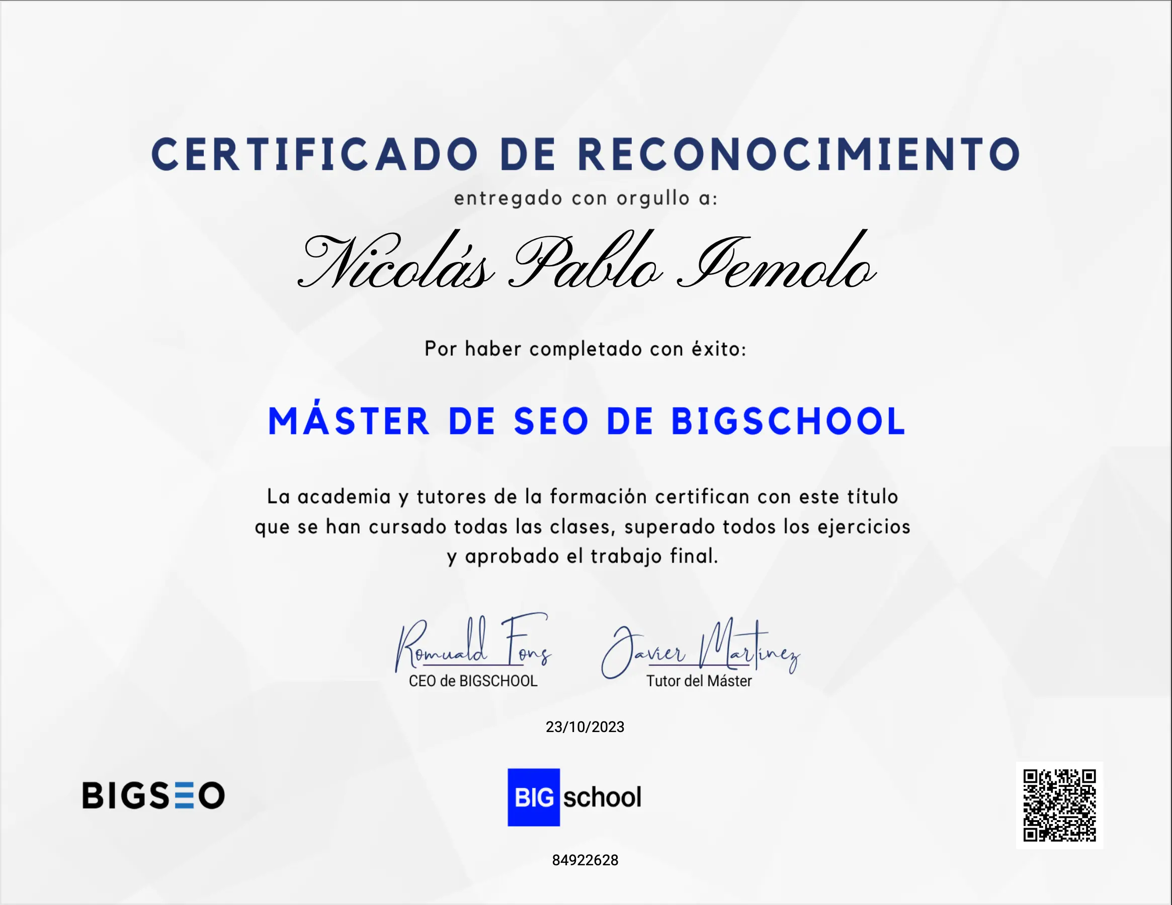 Título Máster SEO Nicolás Pablo Iemolo